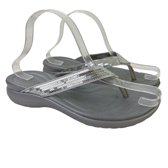 CROCS Shoes - Crocs Women's Glitter Silver Gray Thongs Slides Flip Flops Sandals Shoes sz 7